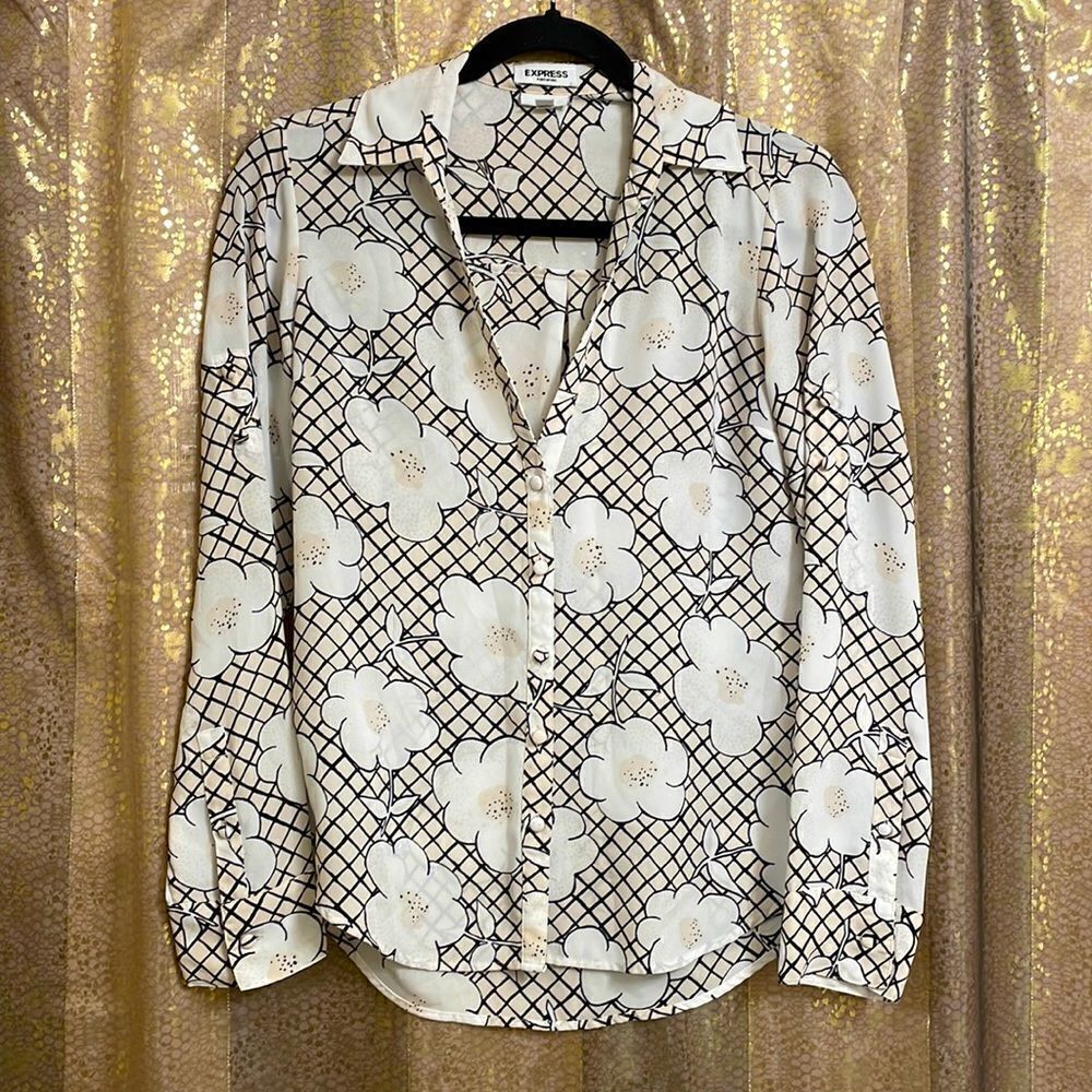 Express white/black/ivory floral print portifino button down blouse, XS slim